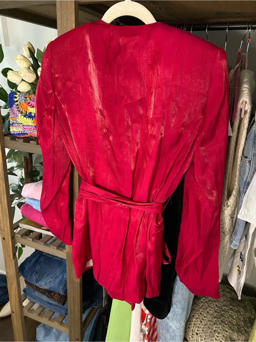 ZARA Hot Pink Red Crinkle Effect Shimmering Belted Blazer! 💖 - Picture 10 of 16